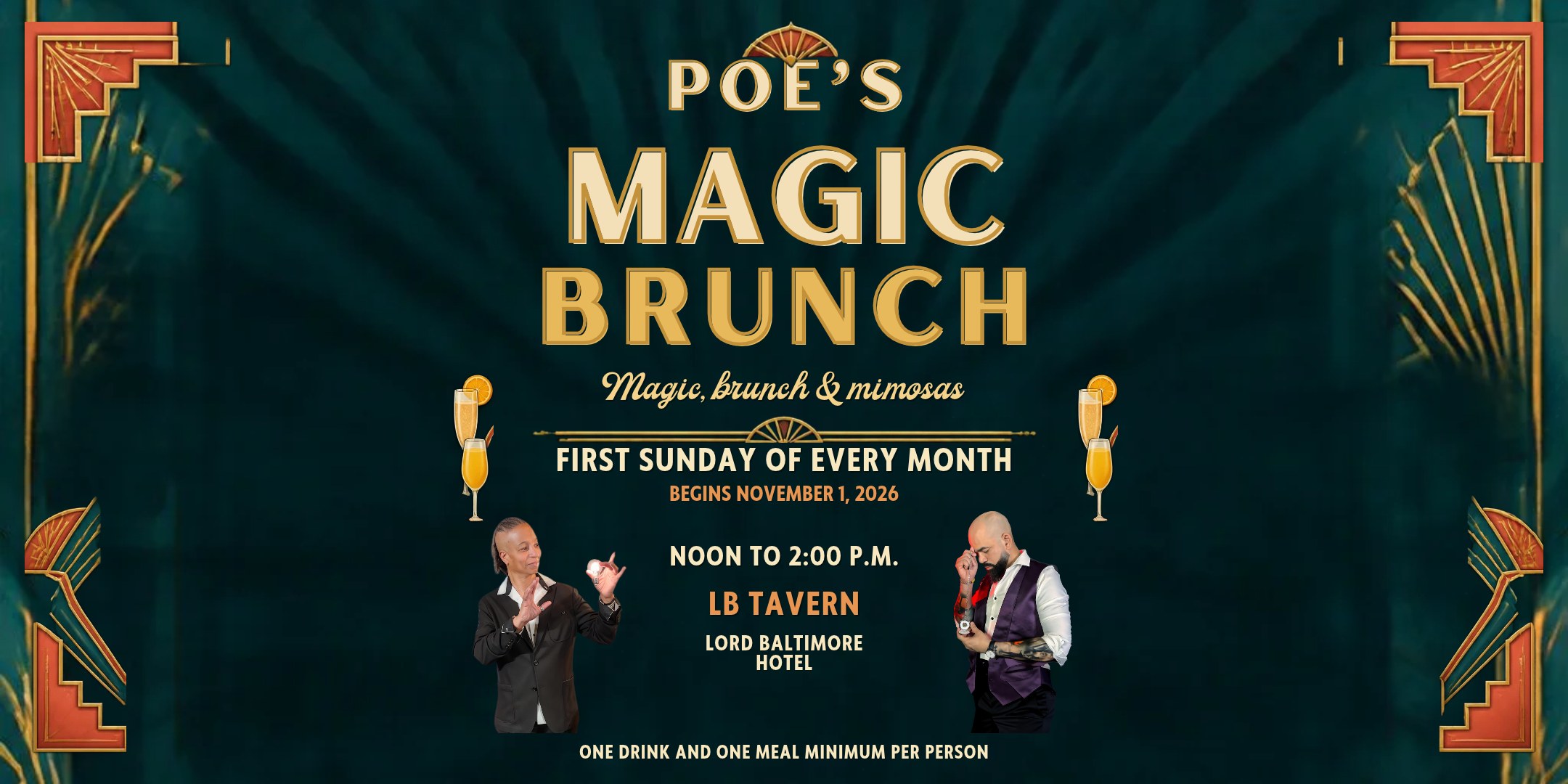 Art Deco banner for Poe’s Magic Brunch with magicians, mimosas, and a teal and gold design.